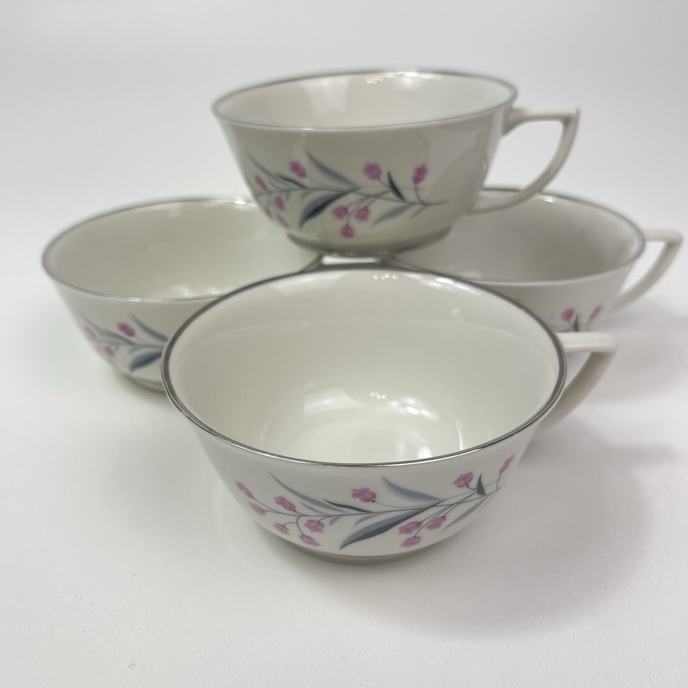 Embassy USA China Tru Tone Footed Tea Cups Pink‎ Flowers Gray Platinum Rim - Picture 4 of 12